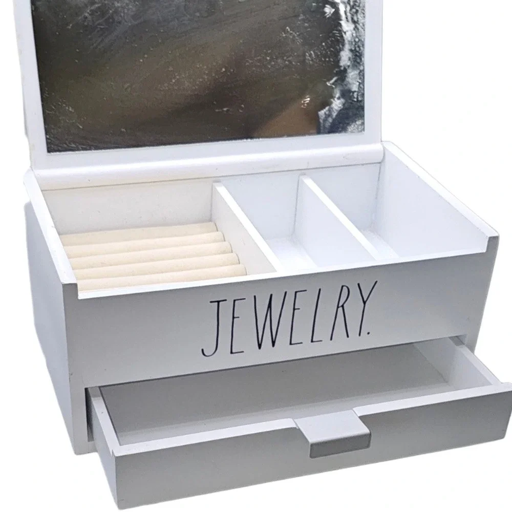 Rae Dunn White Wooden Jewelry Box Organizer with Mirror & Drawer Farmhouse Style